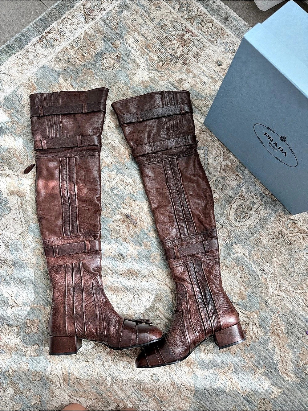 Runway Prada Capra Leather Over-The-Knee Tall Low Heel Boots Brown Size 37 EU - Picture 7 of 17
